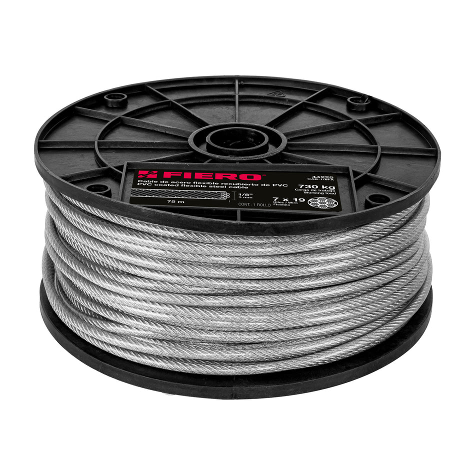 Metro cable flexible 1/8' acero 7x19 recubierto PVC, 75 m Caja con 75, 44225