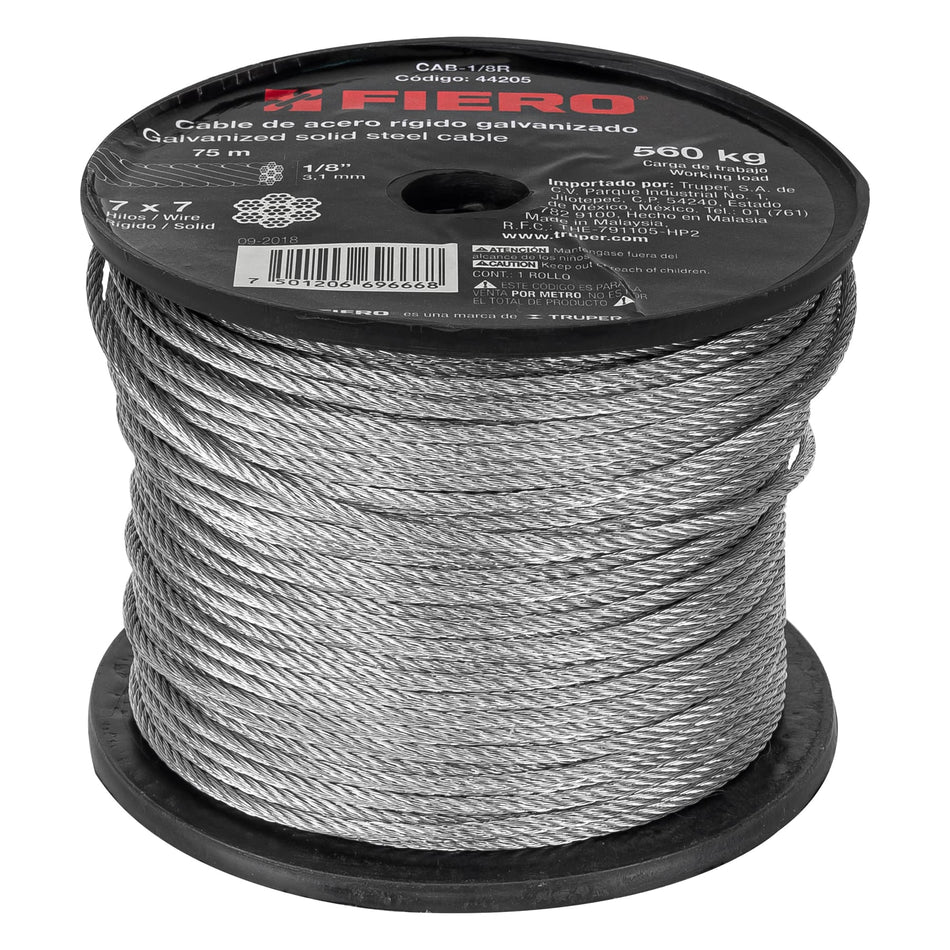 Metro de cable rígido 1/8' de acero 7x7 hilos, 75 m, Fiero Caja con 75, 44205