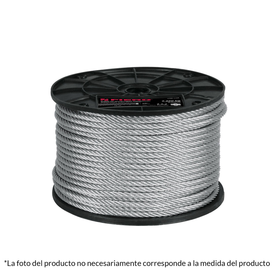 Metro de cable rígido 1/8' de acero 7x7 hilos, 300 m, Fiero Caja con 300, 48797