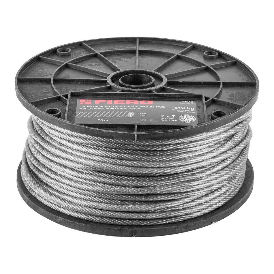 Metro de cable rígido 1/8' acero 7x7 recubierto PVC, 75 m Caja con 75, 44219
