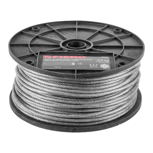 Metro de cable rígido 1/8' acero 7x7 recubierto PVC, 75 m Caja con 75, 44219