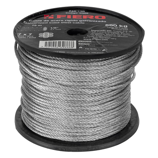 Metro de cable rígido 1/8' de acero 7x7 hilos, 75 m, Fiero Caja con 75, 44205