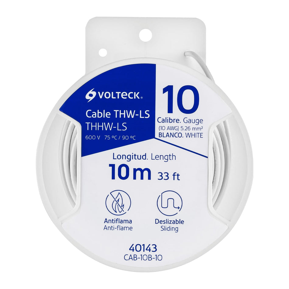 Carrete con 10 m de cable THHW-LS 10 AWG blanco, Volteck Caja con 6, 40143