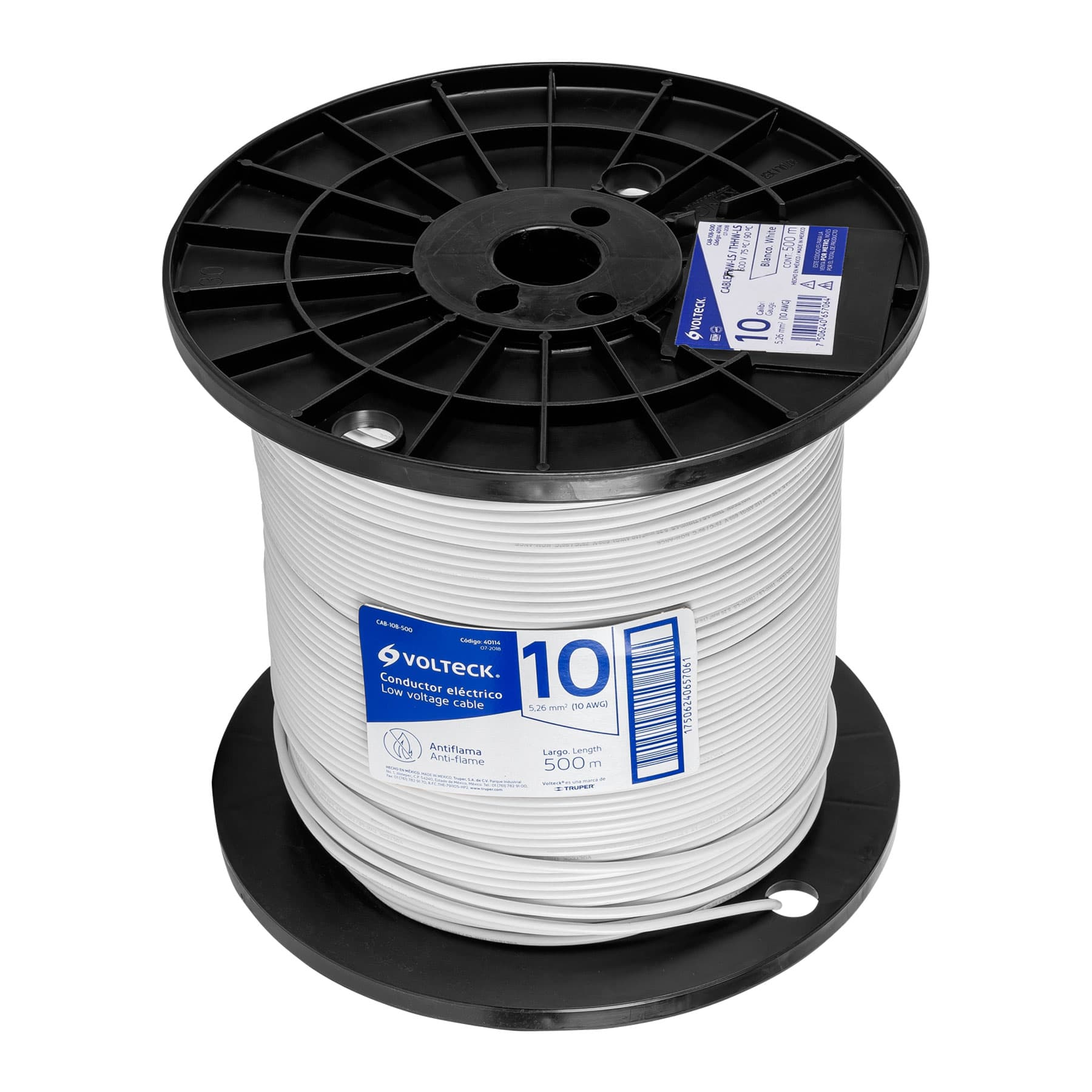 Metro de cable THHW-LS 10 AWG blanco en carrete de 500 m, 40114