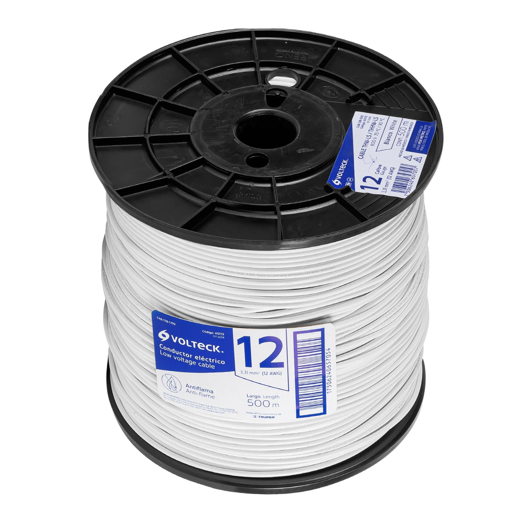 Metro de cable THHW-LS 12 AWG blanco en carrete de 500 m, 40113