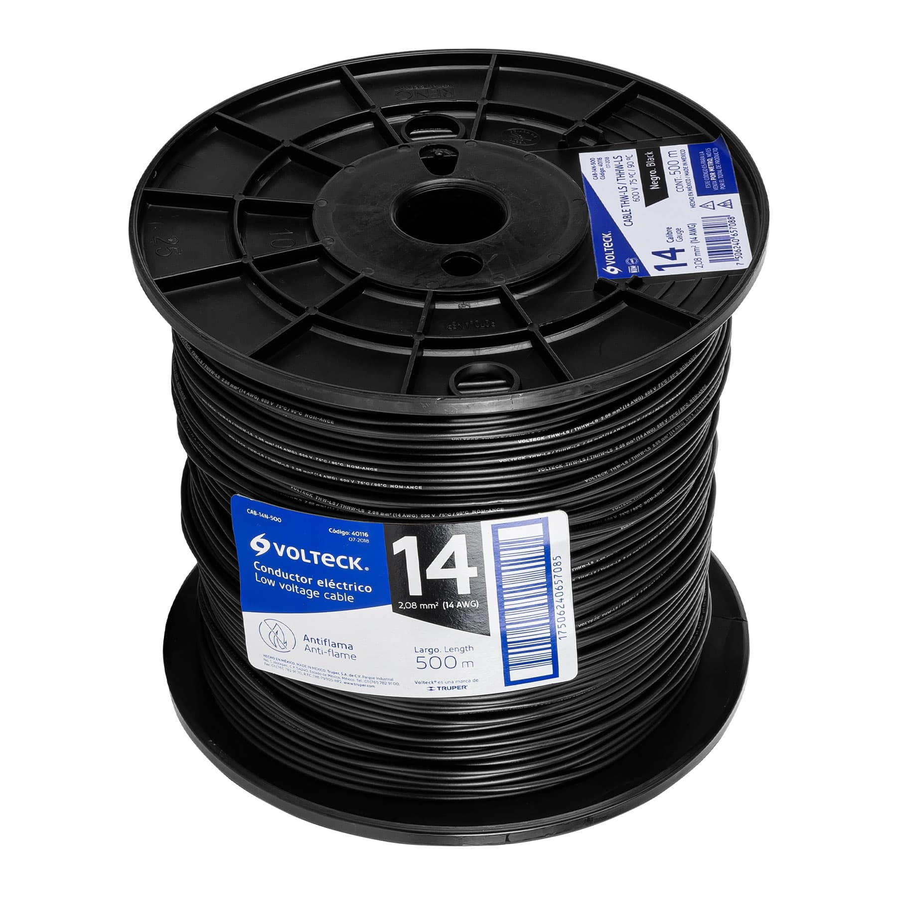 Metro de cable THHW-LS 14 AWG negro en carrete de 500 m, 40116