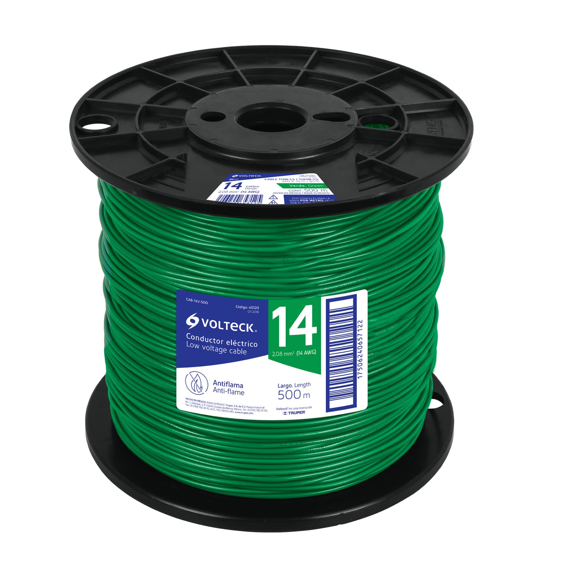 Metro de cable THHW-LS 14 AWG verde en carrete de 500 m, 40120