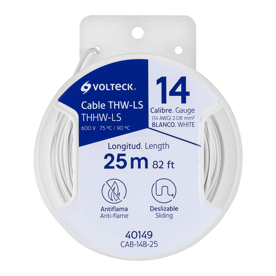 Carrete con 25 m de cable THHW-LS 14 AWG blanco, Volteck Caja con 6, 40149