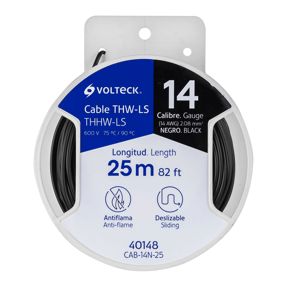 Carrete con 25 m de cable THHW-LS 14 AWG negro, Volteck Caja con 6, 40148
