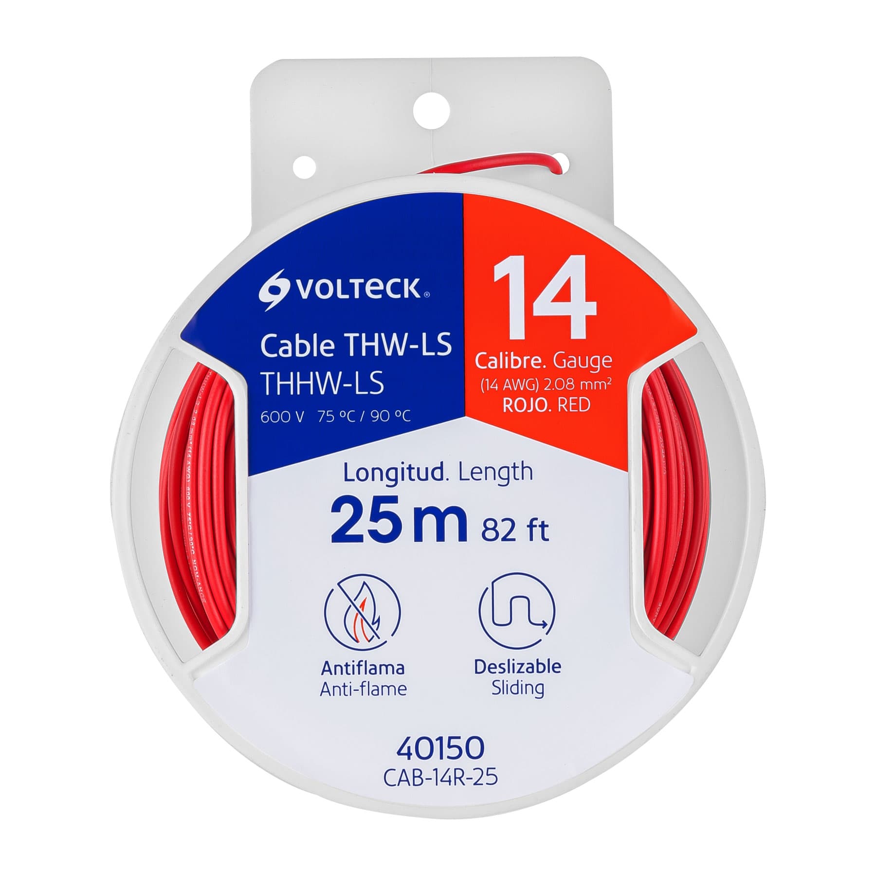 Carrete con 25 m de cable THHW-LS 14 AWG rojo, Volteck, 40150