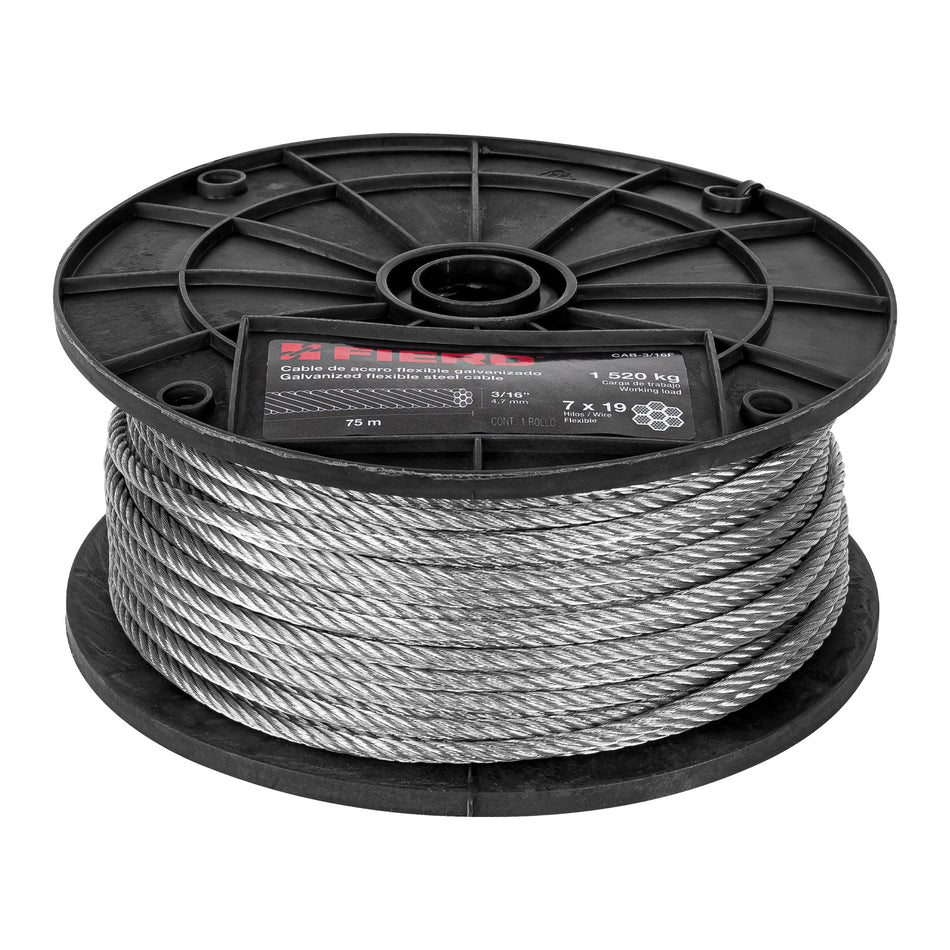 Metro de cable flexible 3/16' de acero 7x19 hilos, 75 m Caja con 75, 44212