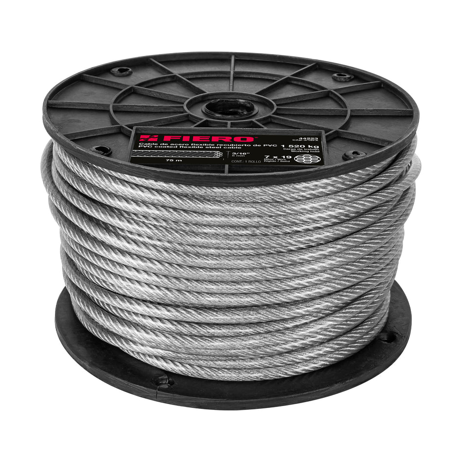 Metro cable flexible 3/16' acero 7x19 recubierto PVC, 75 m Caja con 75, 44223