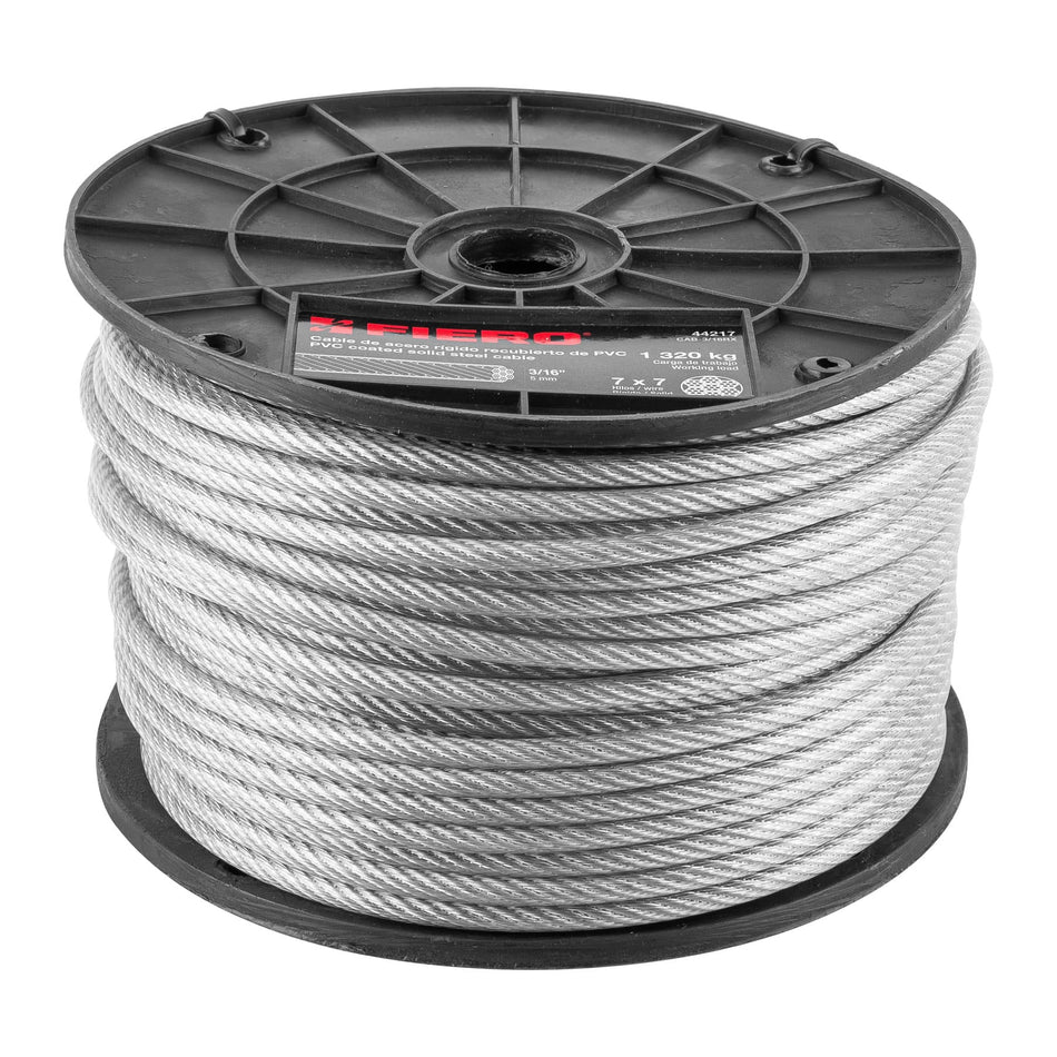 Metro de cable rígido 3/16' acero 7x7 recubierto PVC, 75 m Caja con 75, 44217