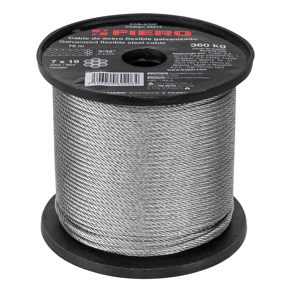 Metro de cable flexible 3/32' de acero 7x19 hilos, 75 m Caja con 75, 44214