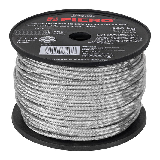 Metro cable flexible 3/32' acero 7x19 recubierto PVC, 75 m Caja con 75, 44226