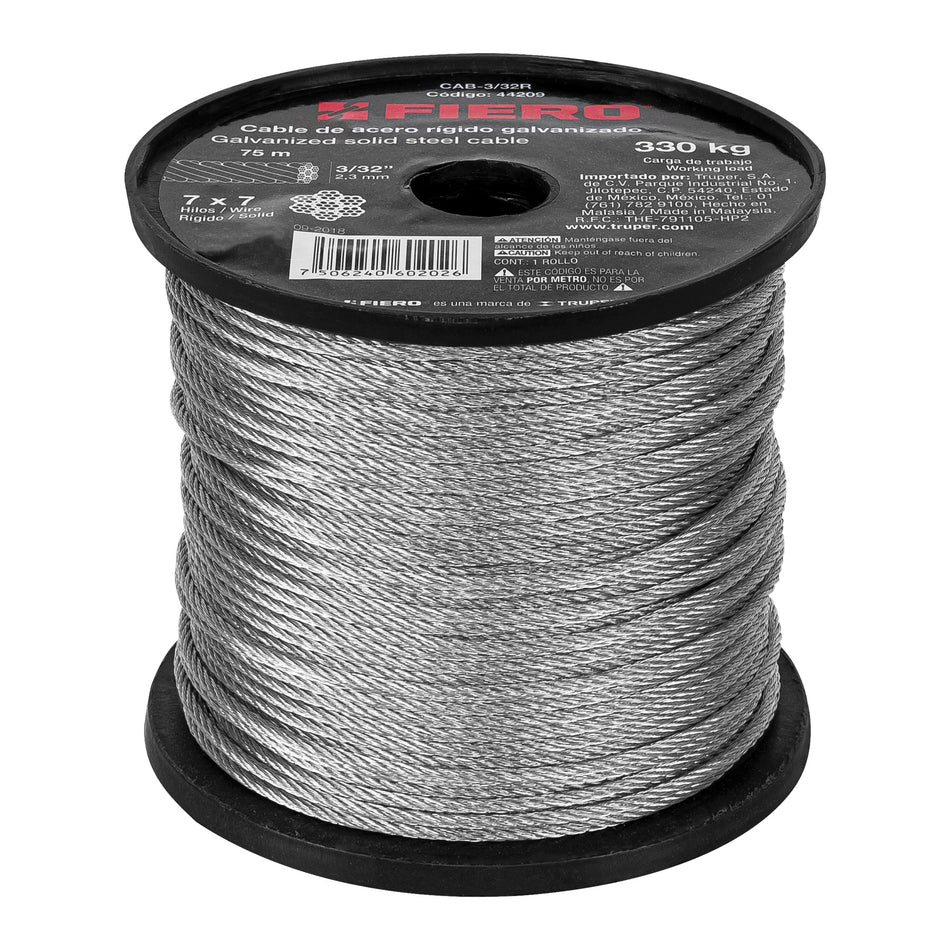 Metro de cable rígido 3/32' de acero 7x7 hilos, 75 m, Fiero Caja con 75, 44209