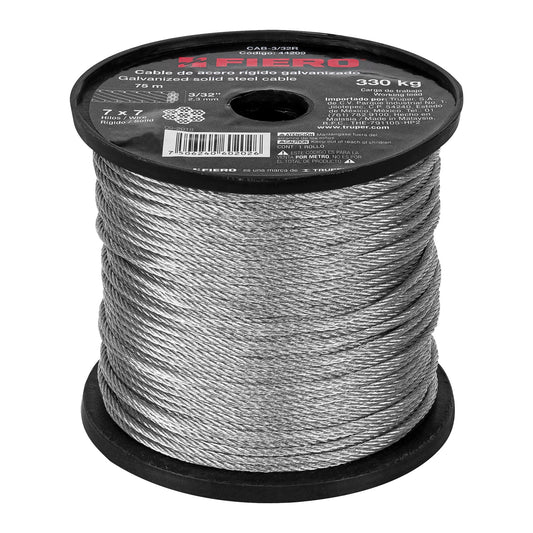 Metro de cable rígido 3/32' de acero 7x7 hilos, 75 m, Fiero Caja con 75, 44209