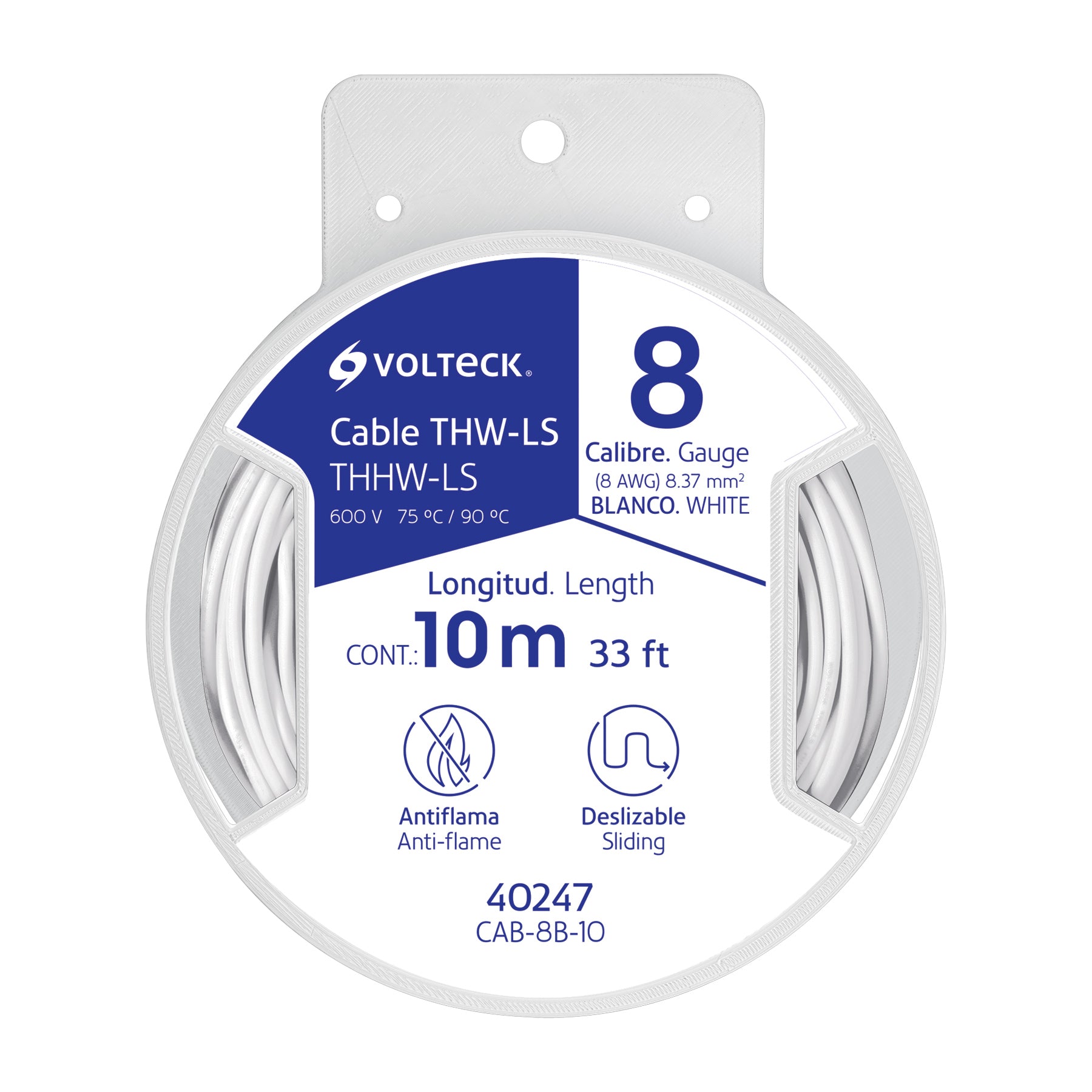 Carrete con 10 m de cable THHW-LS 8 AWG blanco, Volteck, 40247