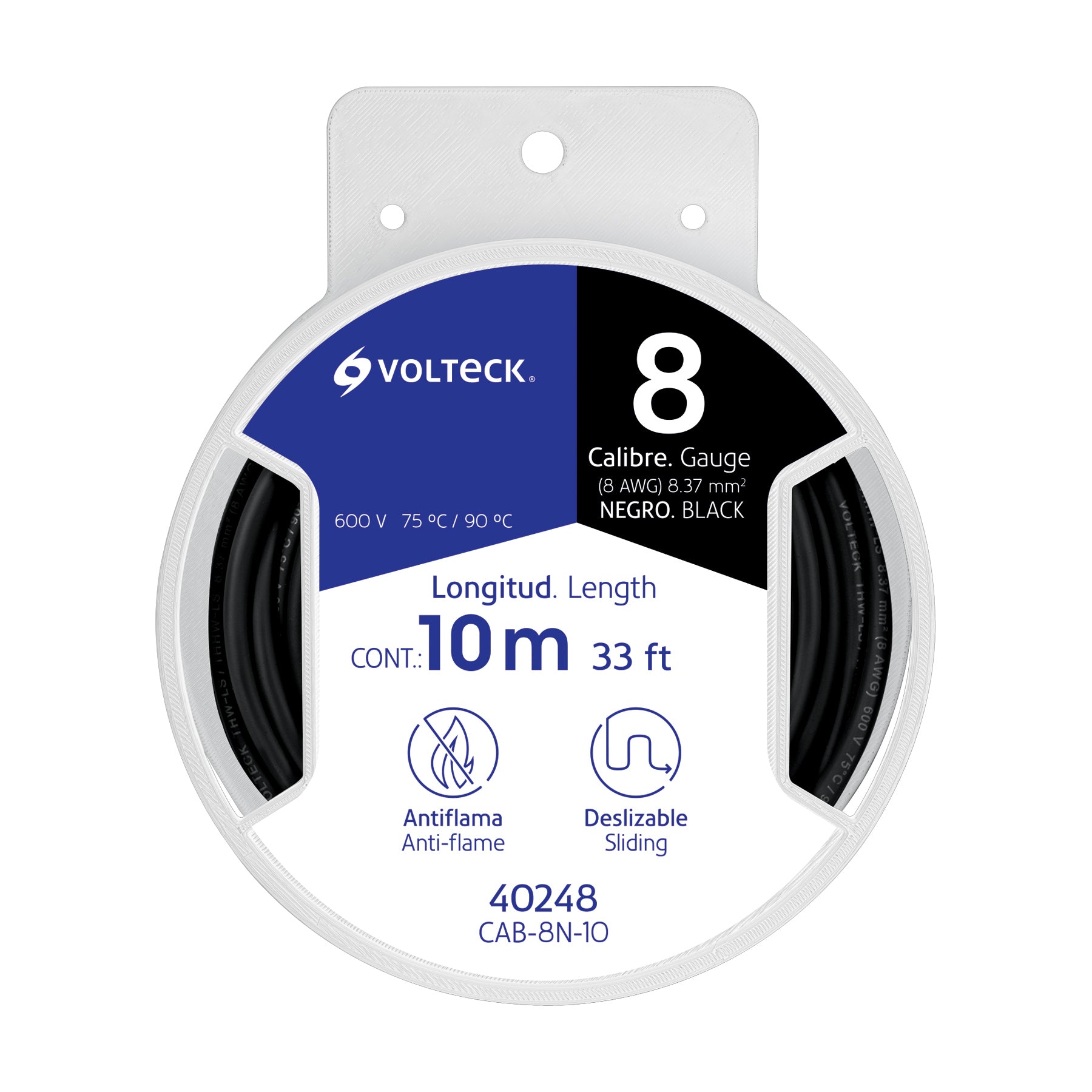 Carrete con 10 m de cable THHW-LS 8 AWG negro, Volteck, 40248