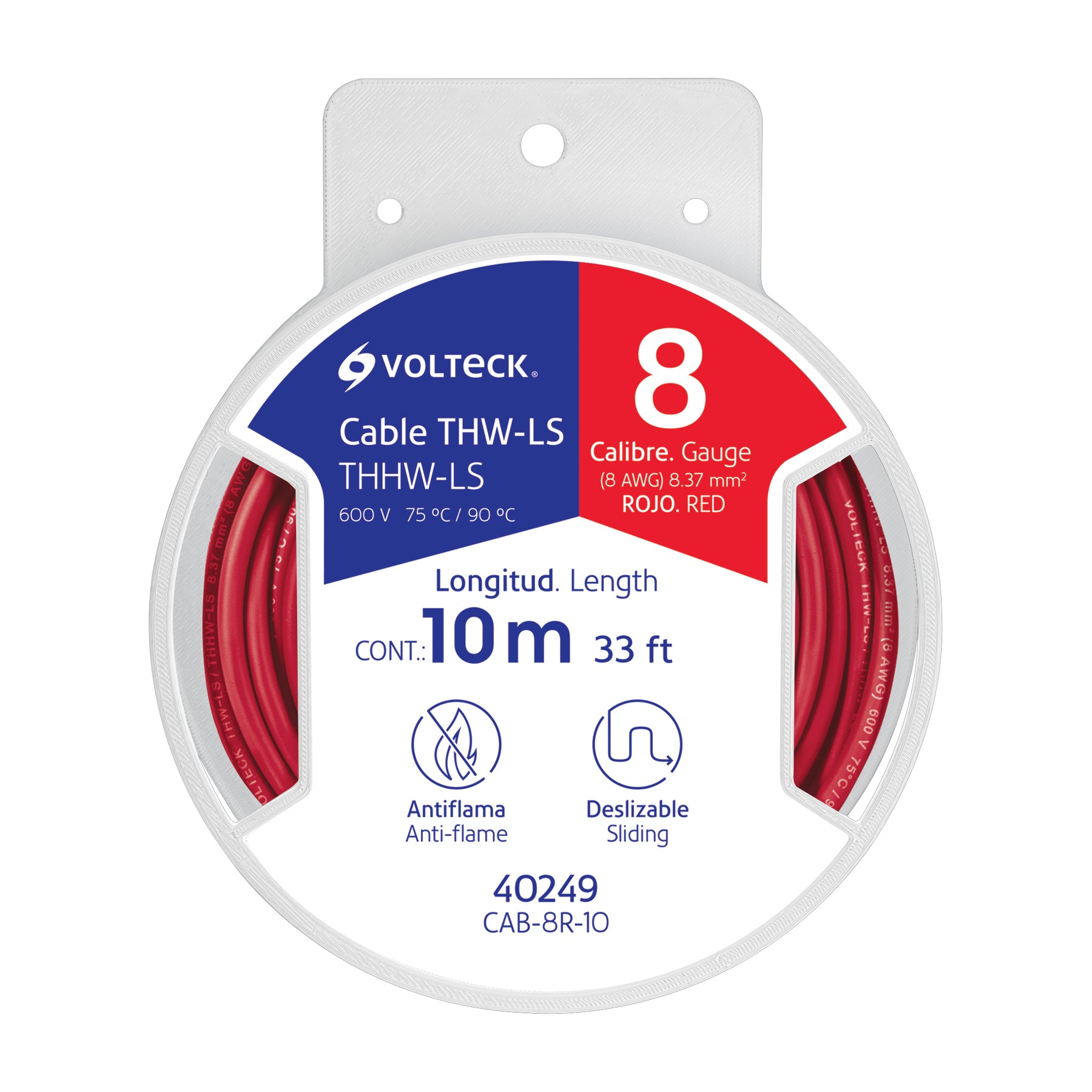 Carrete con 10 m de cable THHW-LS 8 AWG rojo, Volteck, 40249