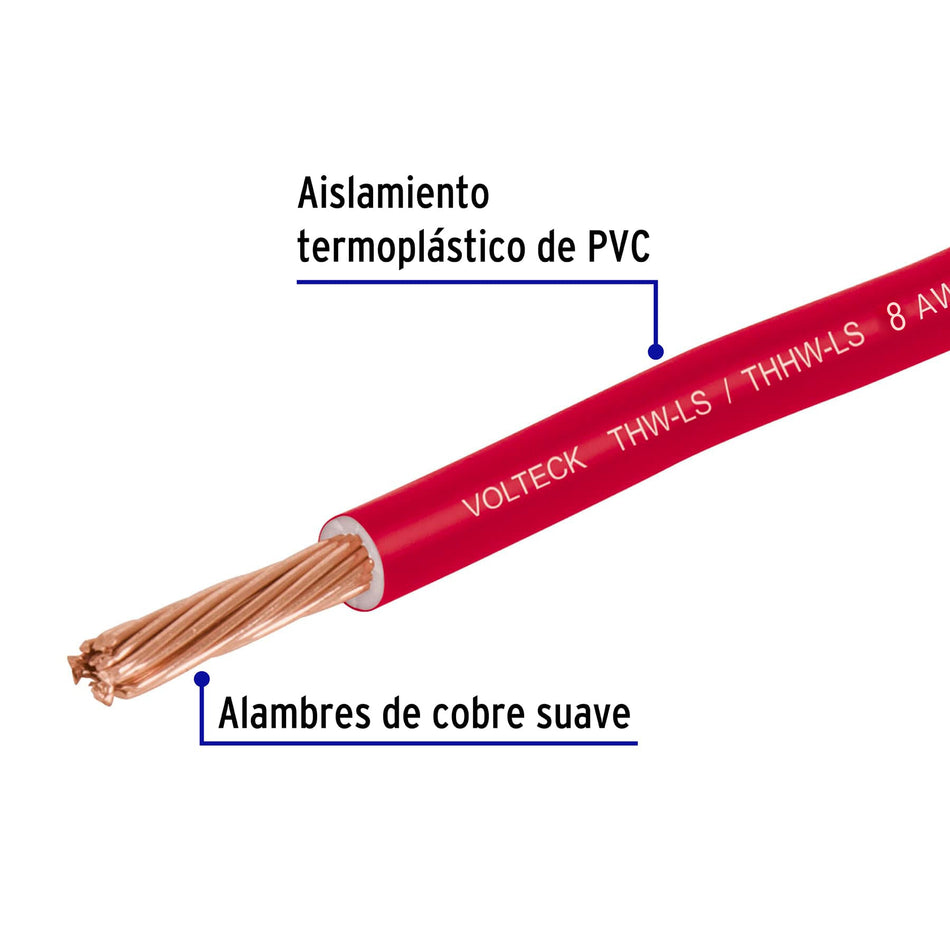 Carrete con 10 m de cable THHW-LS 8 AWG rojo, Volteck Caja con 6, 40249