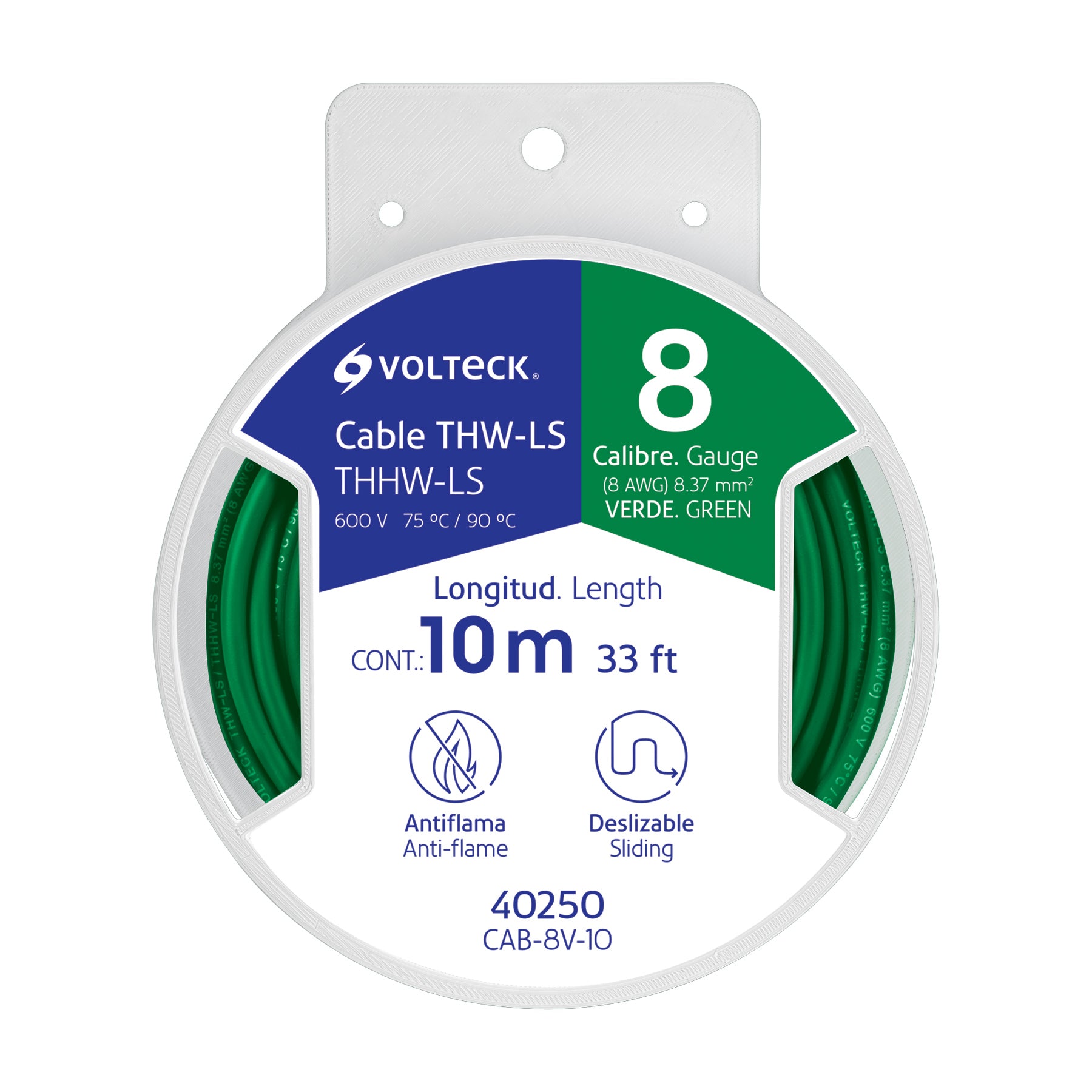 Carrete con 10 m de cable THHW-LS 8 AWG verde, Volteck, 40250