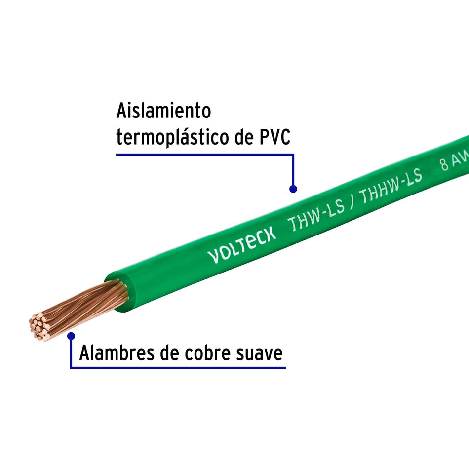 Carrete con 10 m de cable THHW-LS 8 AWG verde, Volteck Caja con 6, 40250
