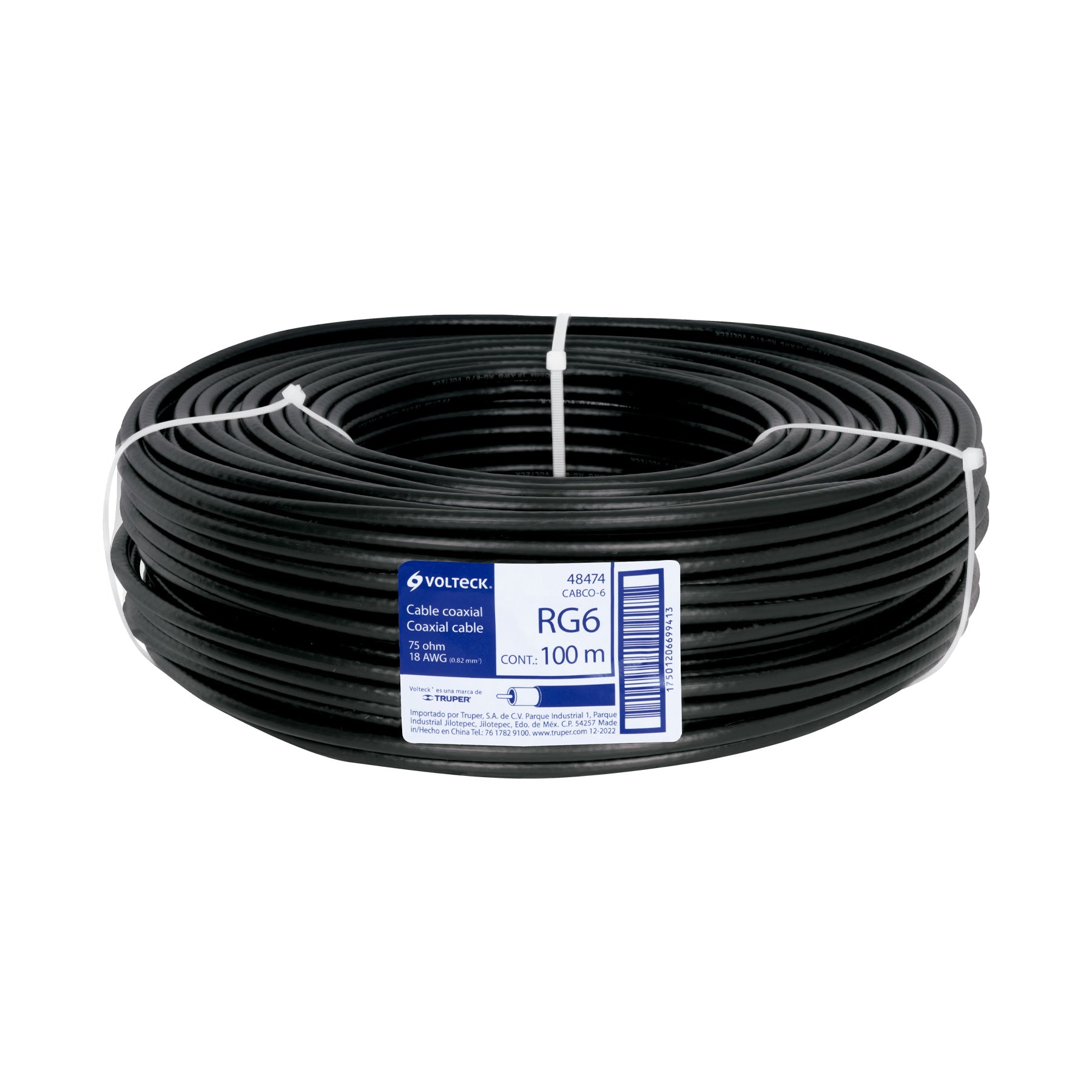 Metro de cable coaxial RG6 en rollo de 100 m, Volteck, 48474