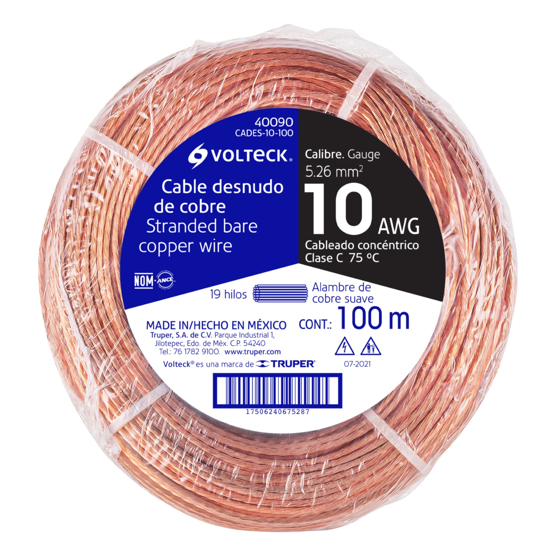 Metro de cable desnudo de cobre calibre 10 AWG, rollo 100 m, 40090