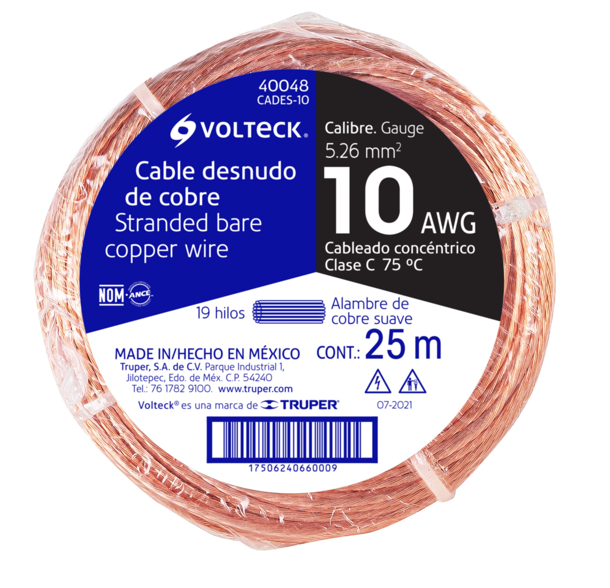 Metro de cable desnudo de cobre calibre 10 AWG, rollo 25 m, 40048