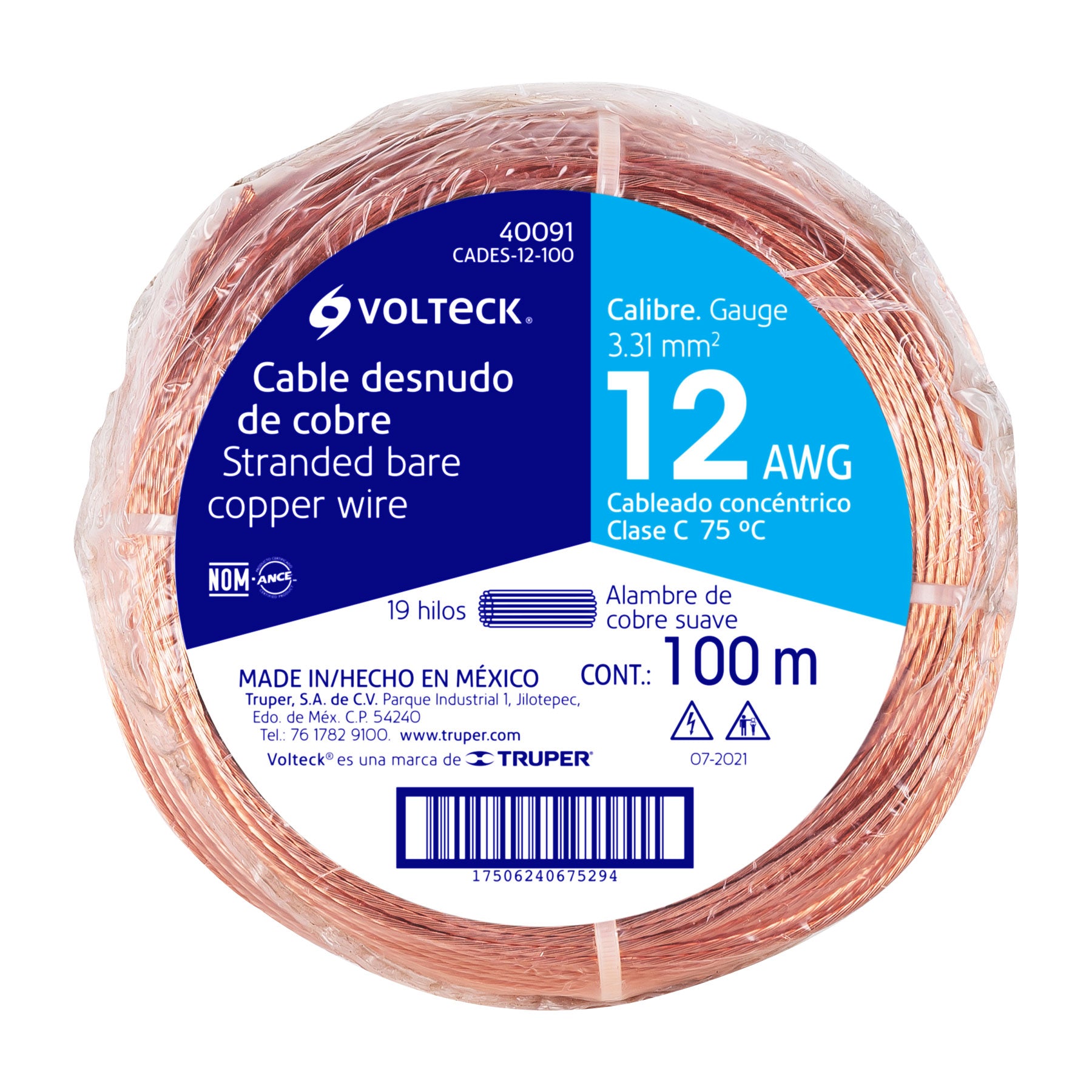 Metro de cable desnudo de cobre calibre 12 AWG, rollo 100 m, 40091