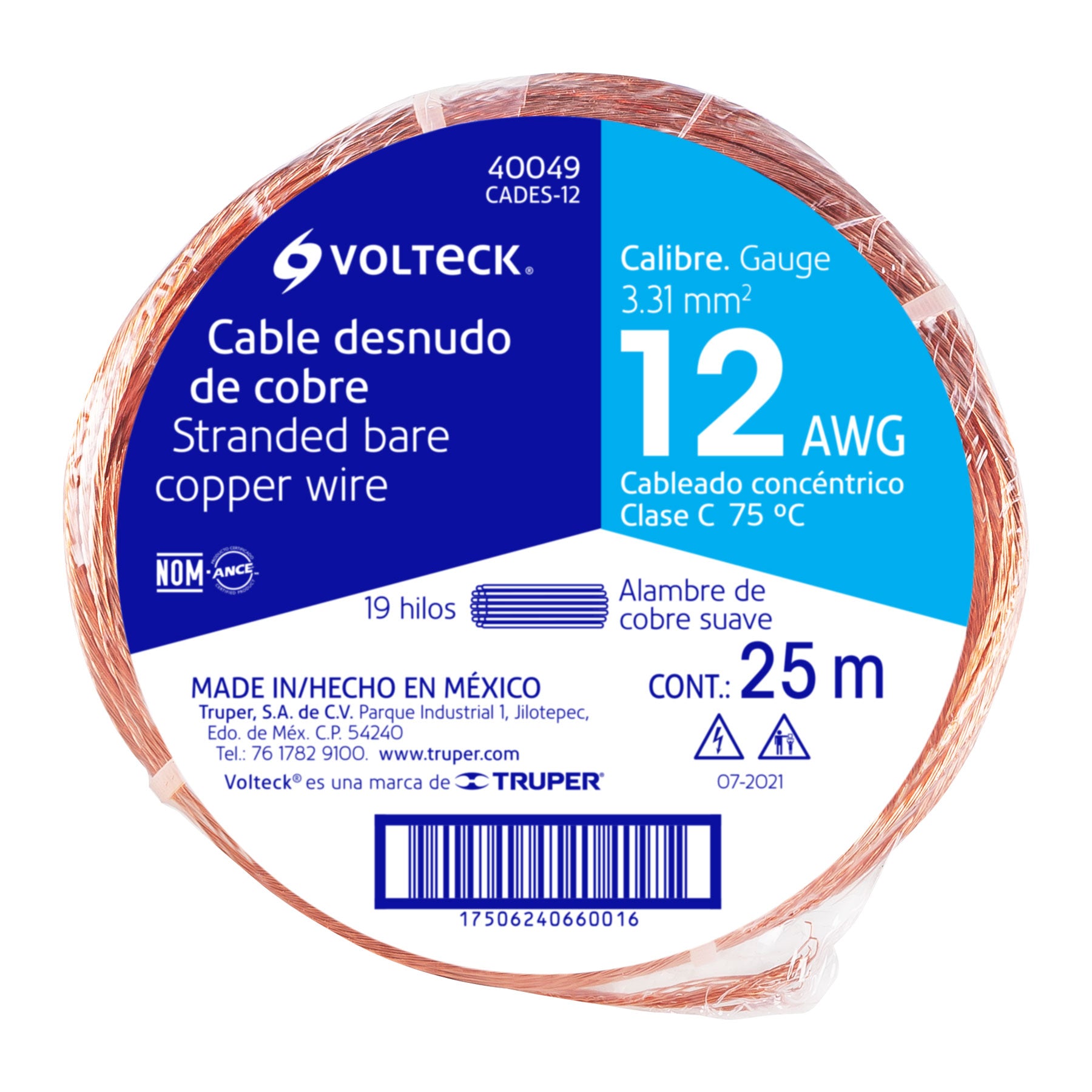 Metro de cable desnudo de cobre calibre 12 AWG, rollo 25 m, 40049