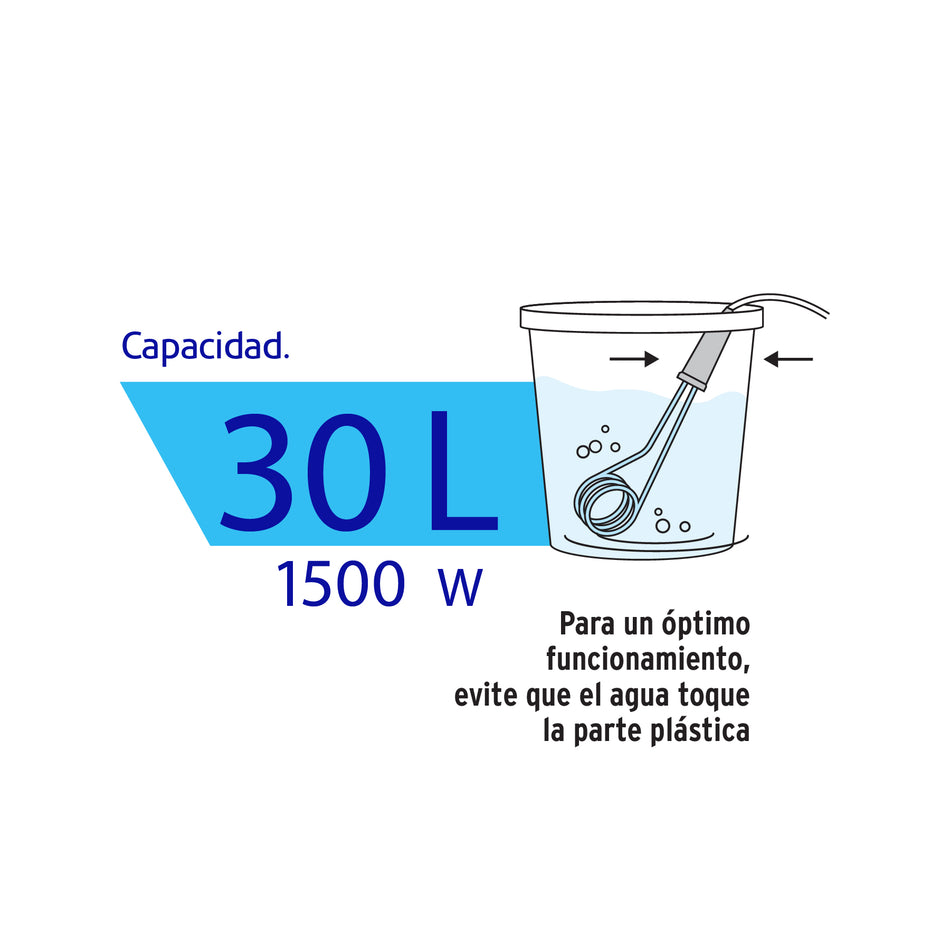 Calentador de inmersión p/agua #8 de 30 L, 1500 W, Volteck Caja con 8, 49980