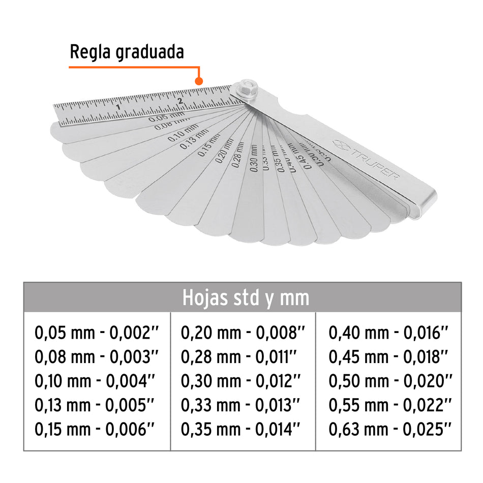 Calibrador de 15 hojas std / mm, Truper Caja con 6, 14395