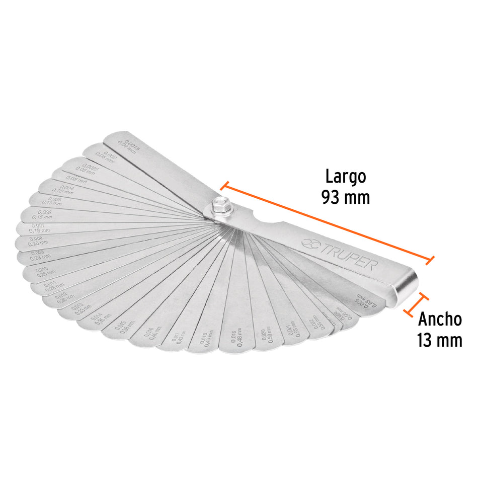 Calibrador de 26 hojas std / mm, Truper Caja con 6, 14396