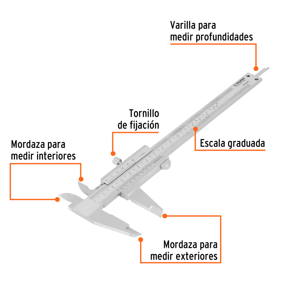 Calibrador vernier analógico 6' acero inox, std y mm, Truper Caja con 2, 14394