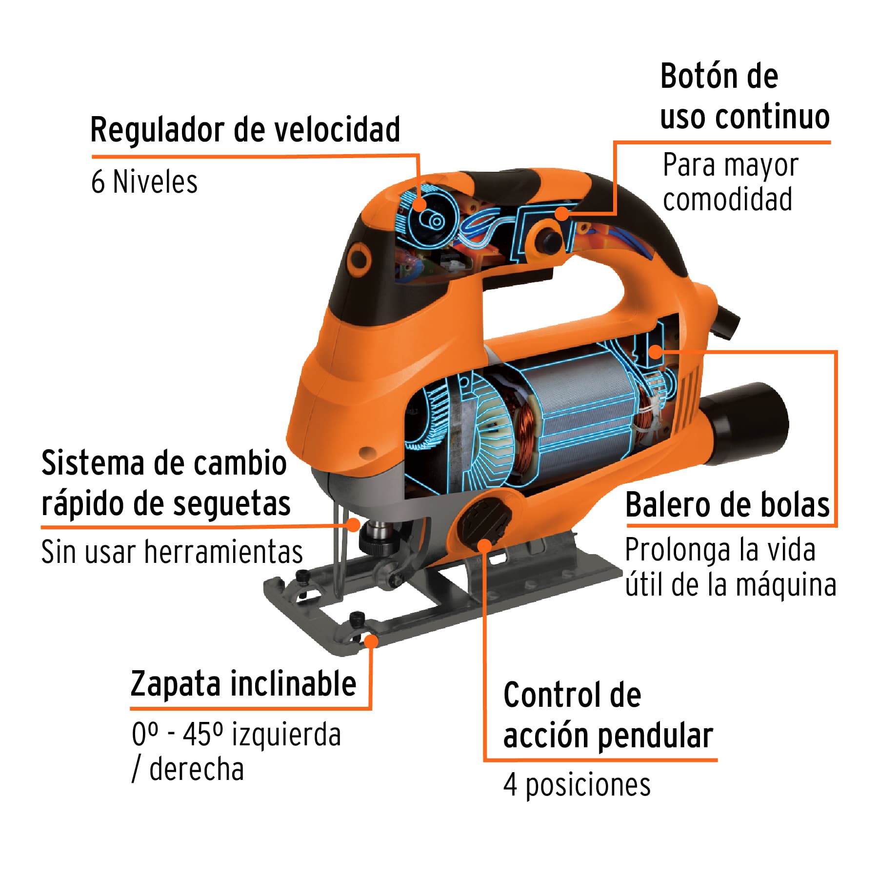 Sierra caladora 750W 5.9 A vel. variable, TRUPER PRO, 15423