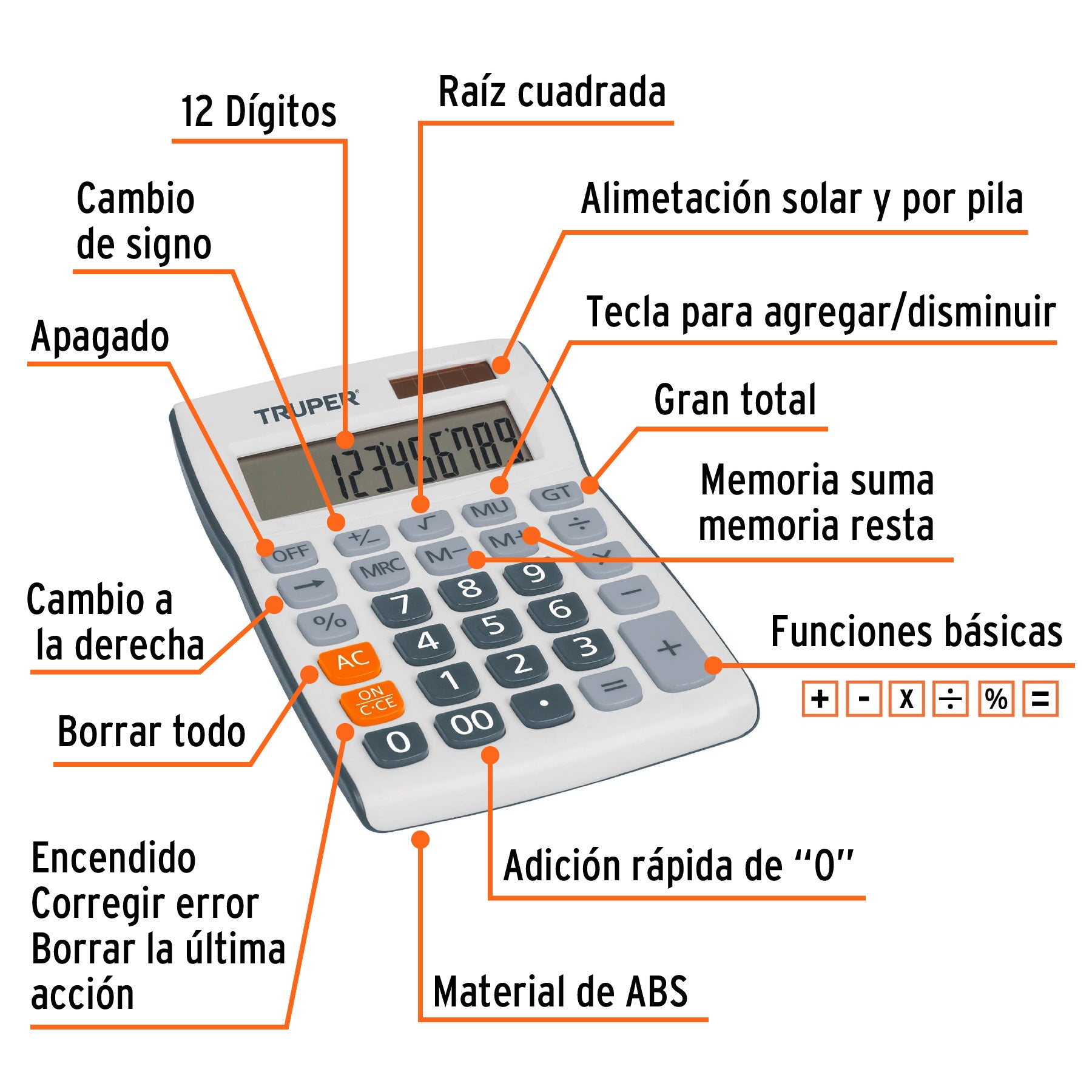 Calculadora de escritorio 19 cm, Truper, 60482