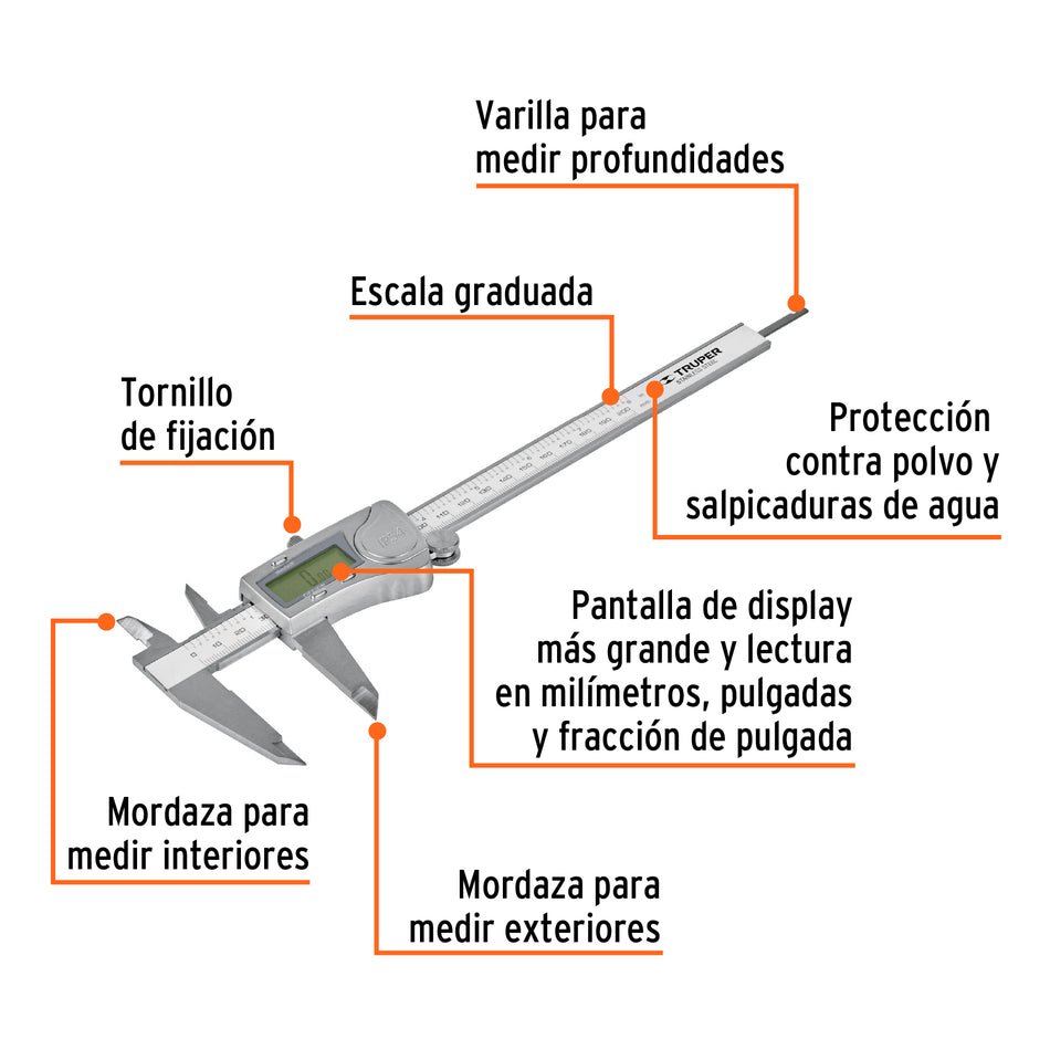 Calibrador vernier digital 6' acero inox, std y mm, Truper, 14388