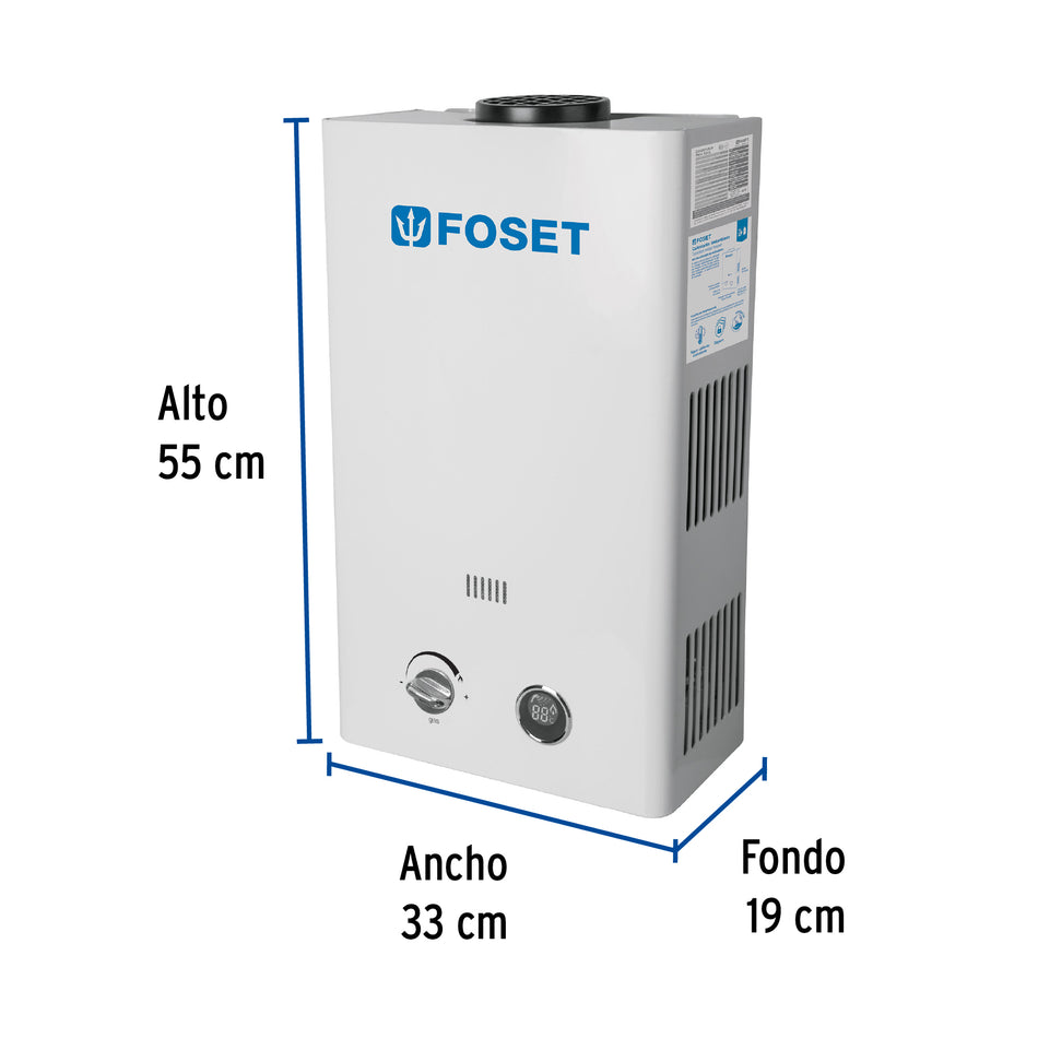 Calentador instantáneo, 11L, 2 servicios, gas LP, Foset, 43050