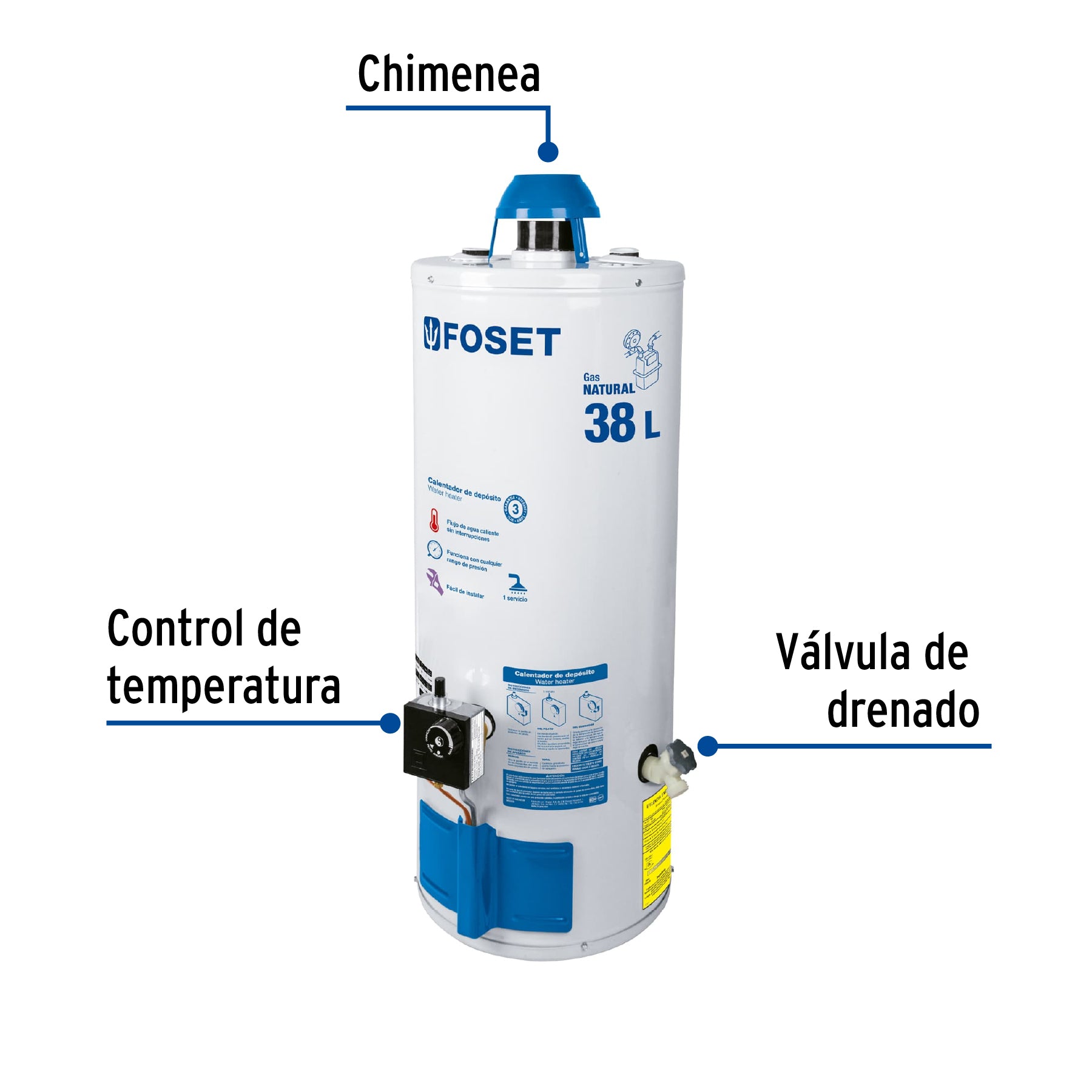 Calentador de depósito, 38L, 1 servicio, gas natural, Foset, 45243