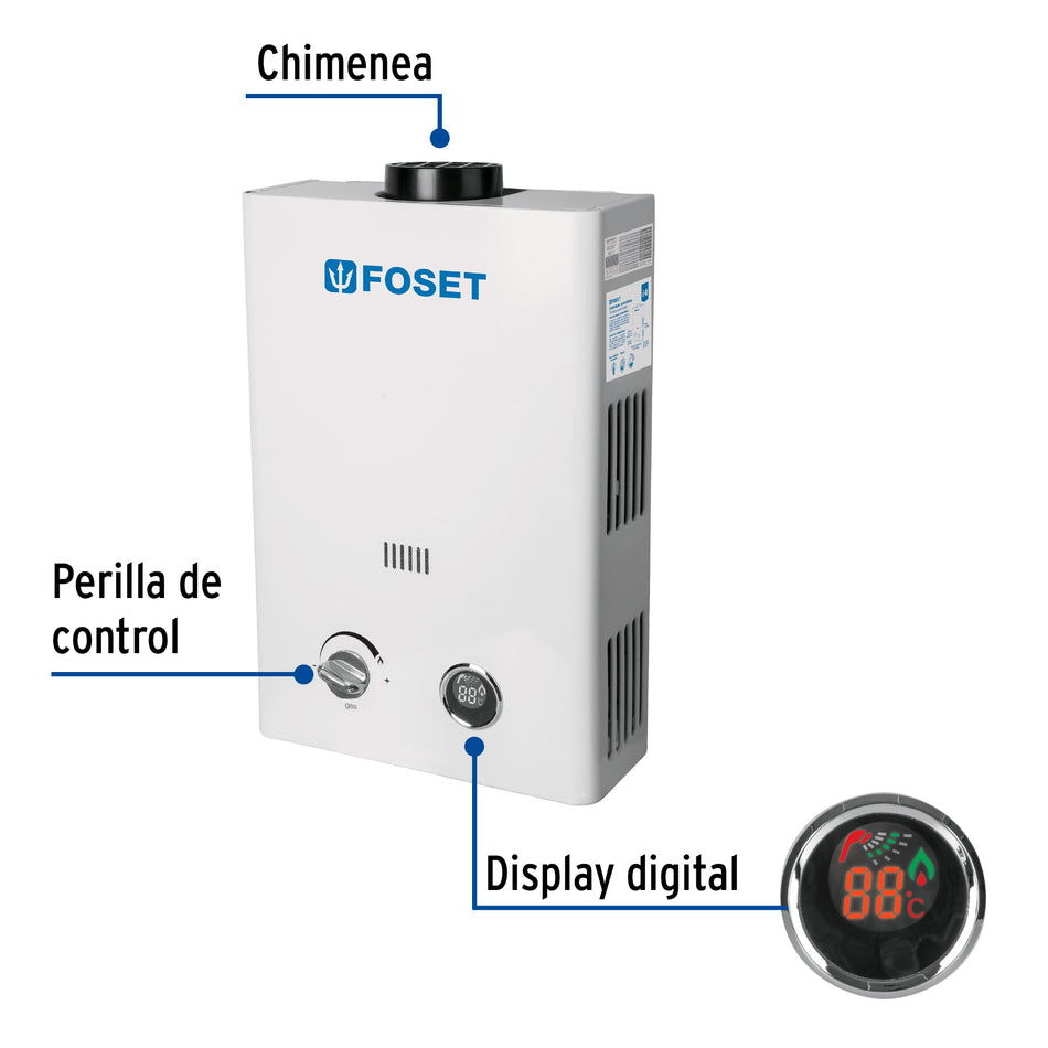 Calentador instantáneo, 6L, 1 servicio, gas LP, Foset, 45271