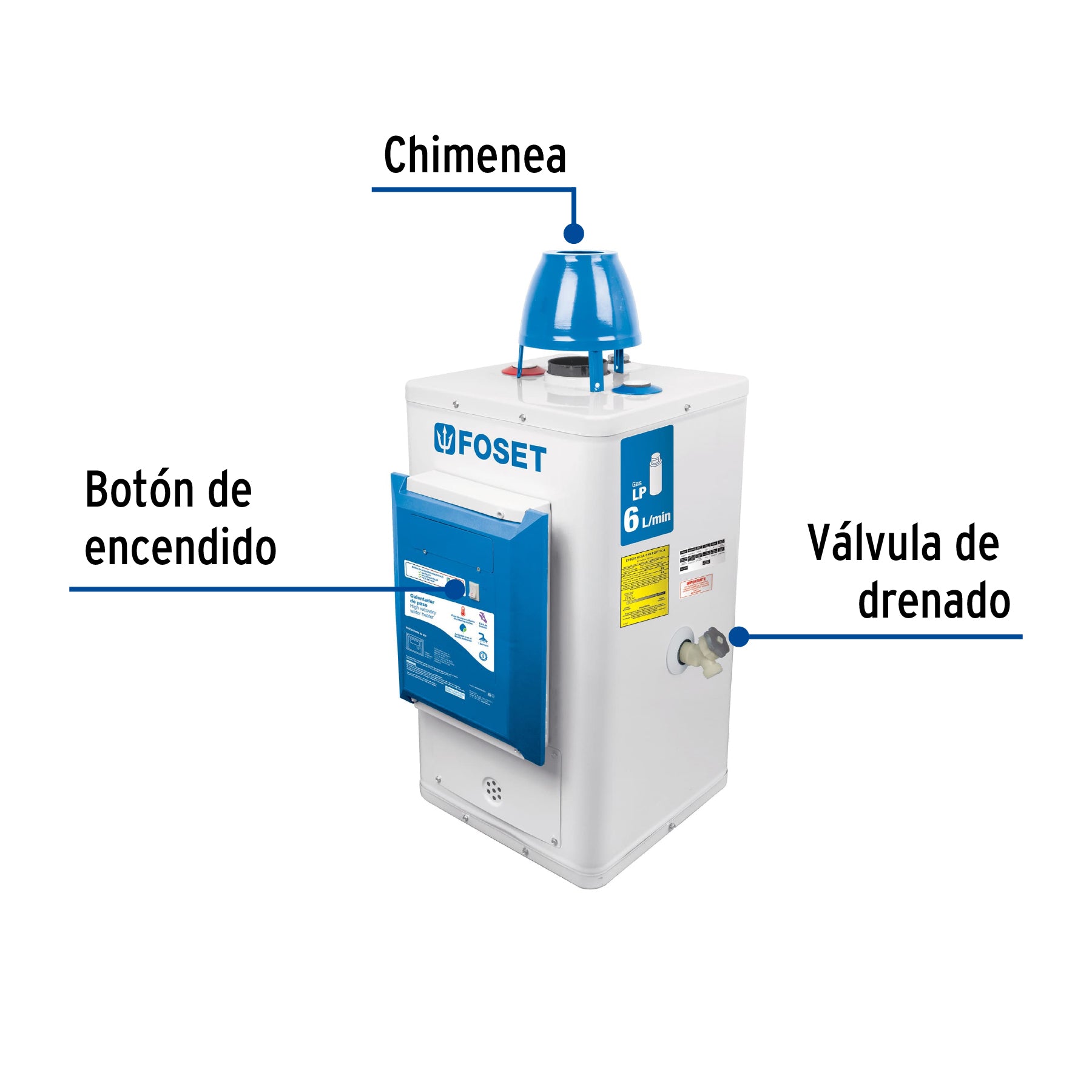 Calentador de paso, electrónico 6L, 1 servicio,gas LP, Foset, 45277