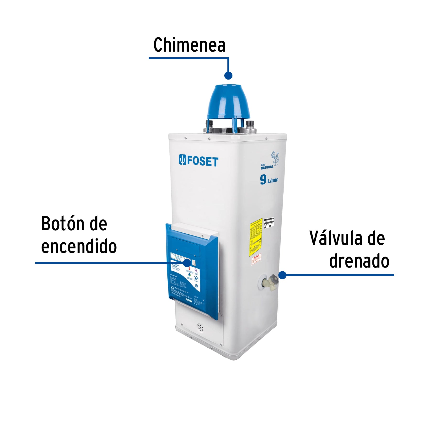 Calentador de paso, electrónico, 9L, 2 serv, gas nat, Foset, 45247