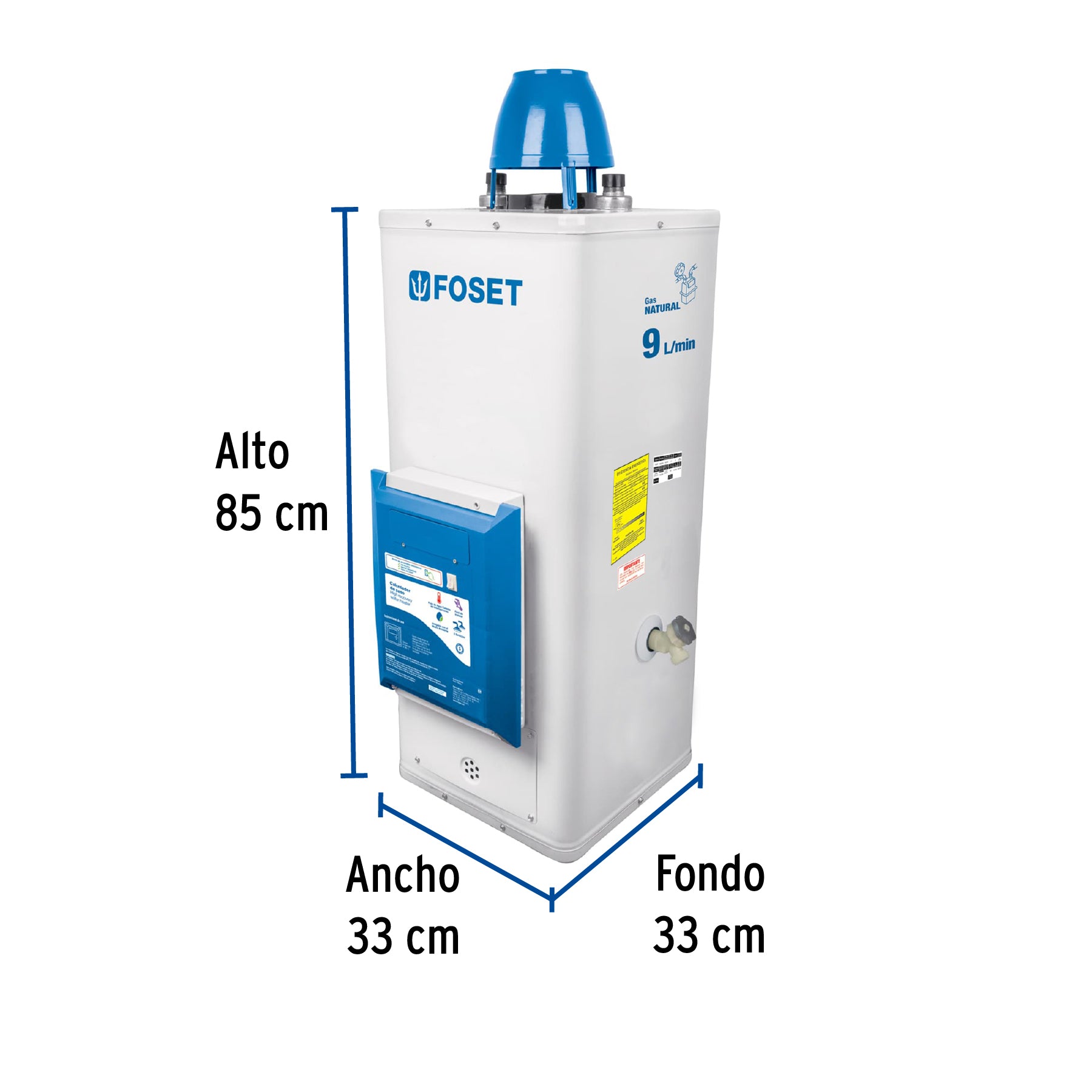 Calentador de paso, electrónico, 9L, 2 serv, gas nat, Foset, 45247