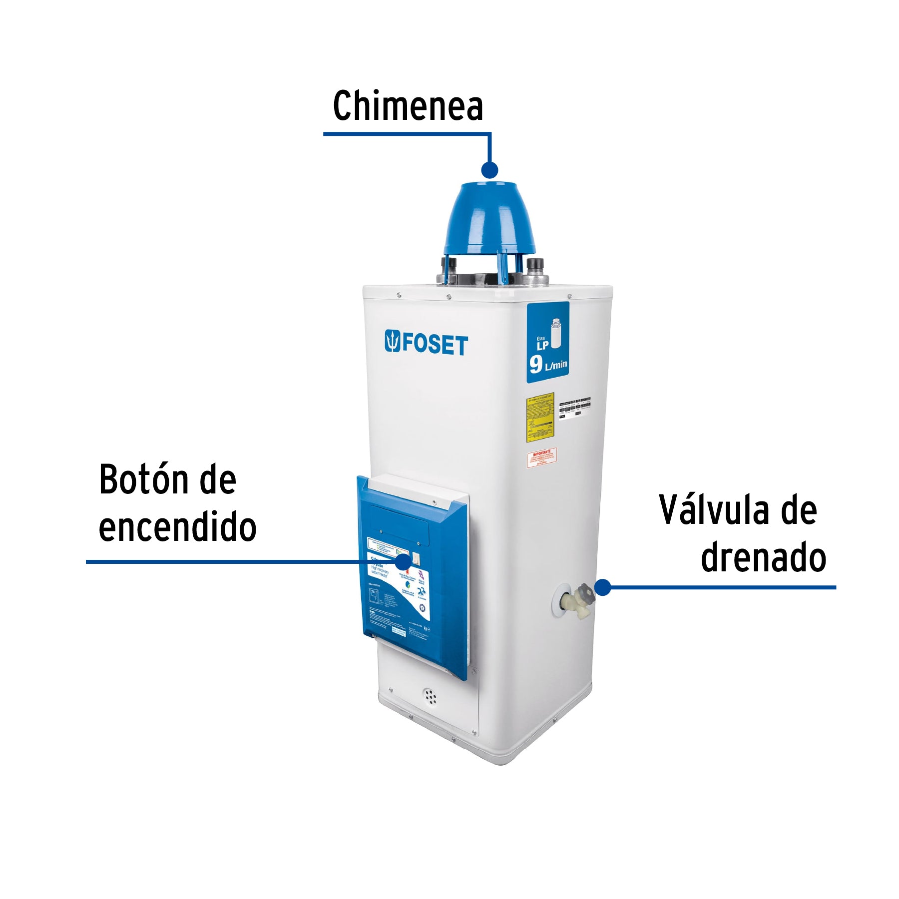 Calentador de paso, electrónico,9L, 2 servicios,gas LP,Foset, 45278