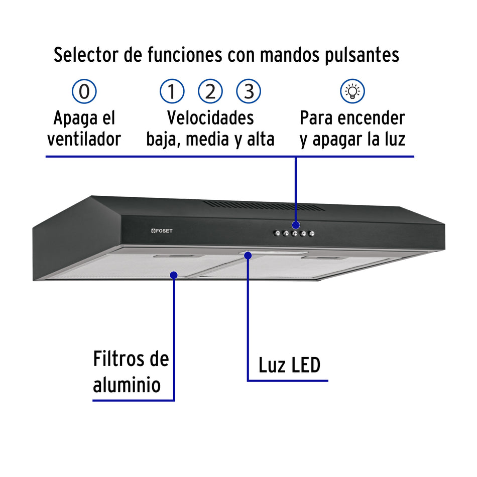 Campana extractora 60 cm, empotrable, negra, Foset, 49488