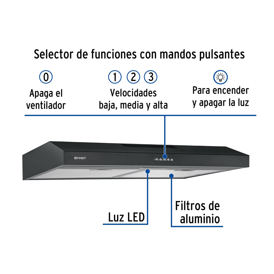 Campana extractora 75 cm, empotrable, negra, Foset, 45440