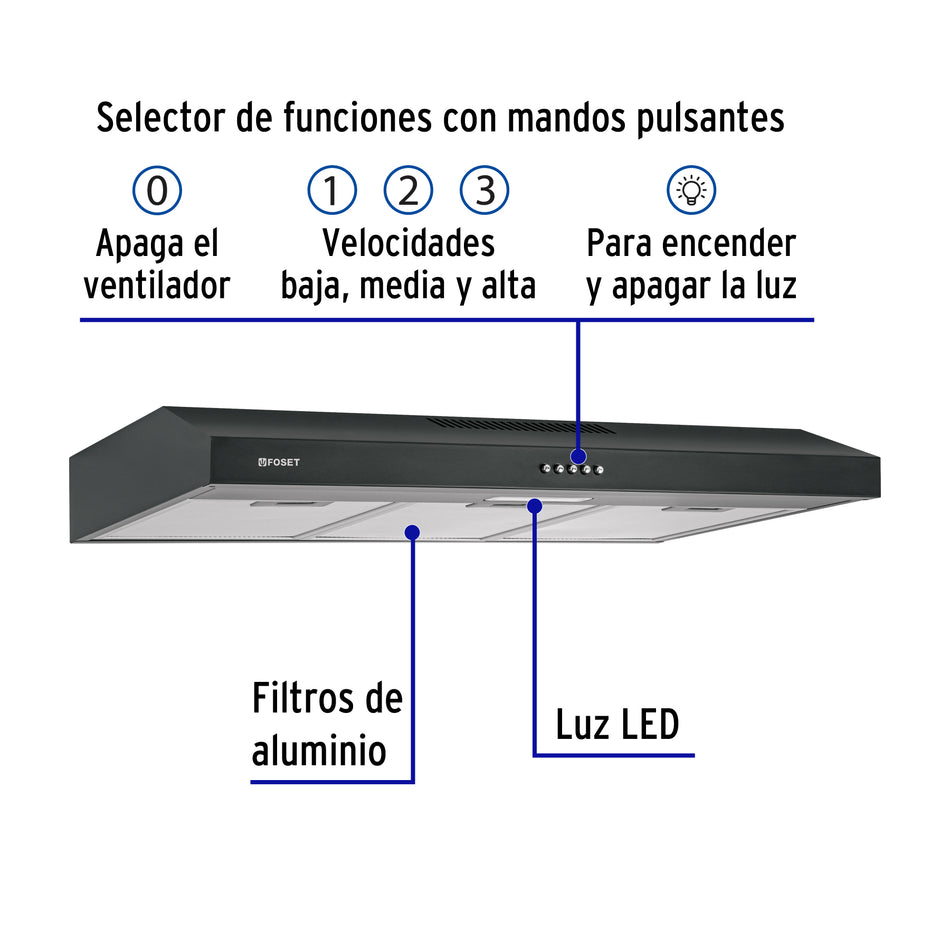 Campana extractora 80 cm, empotrable, negra, Foset, 49487