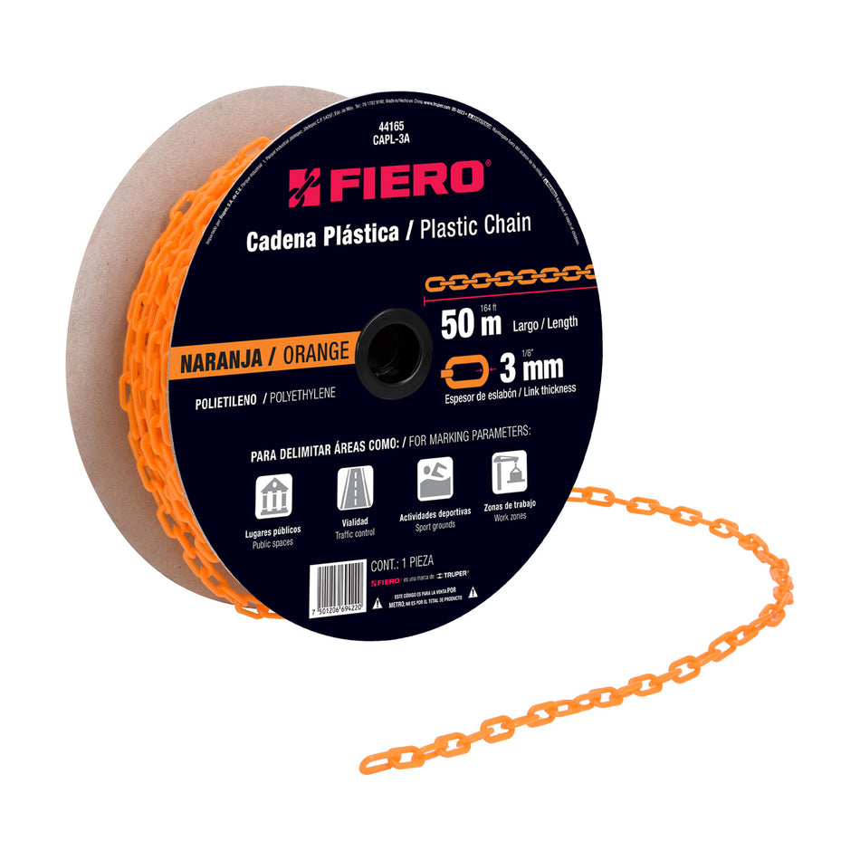 Metro de cadena de 3 mm de plástico naranja, carrete de 50 m Caja con 50, 44165